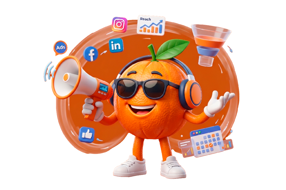 Mascote da Bergamota cercado por ícones de redes sociais e materiais de marca