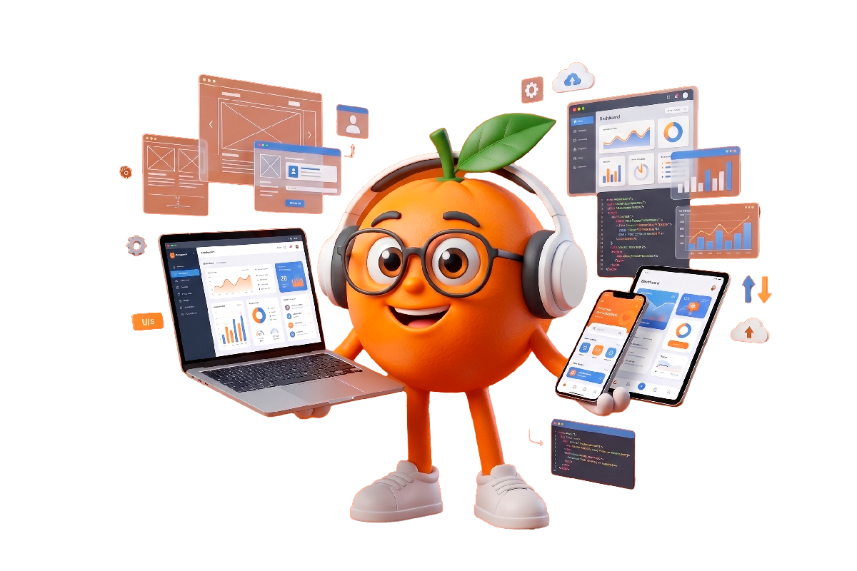 Mascote da Bergamota cercado por telas de sites, dashboards e aplicativos